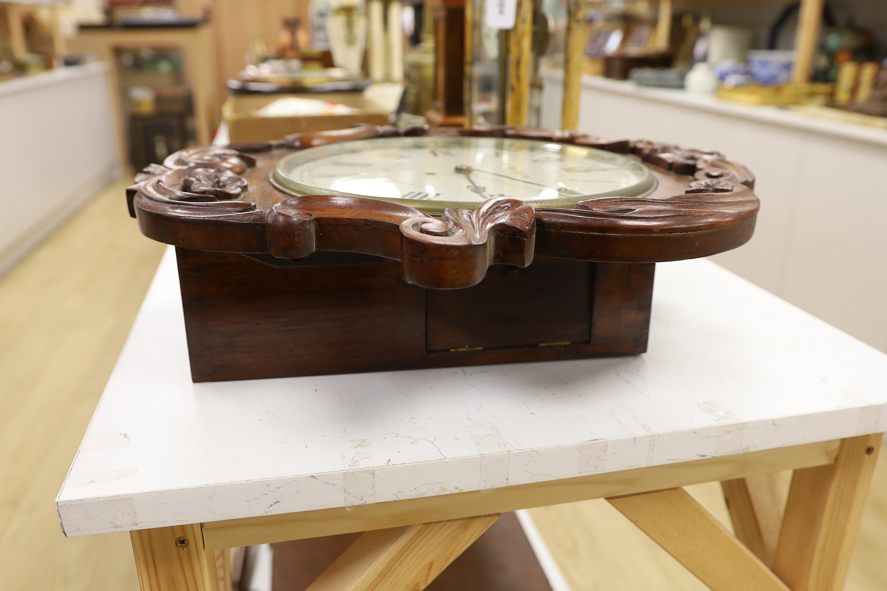 A Victorian carved mahogany fusee drop dial wall clock, Church of London, 52cm